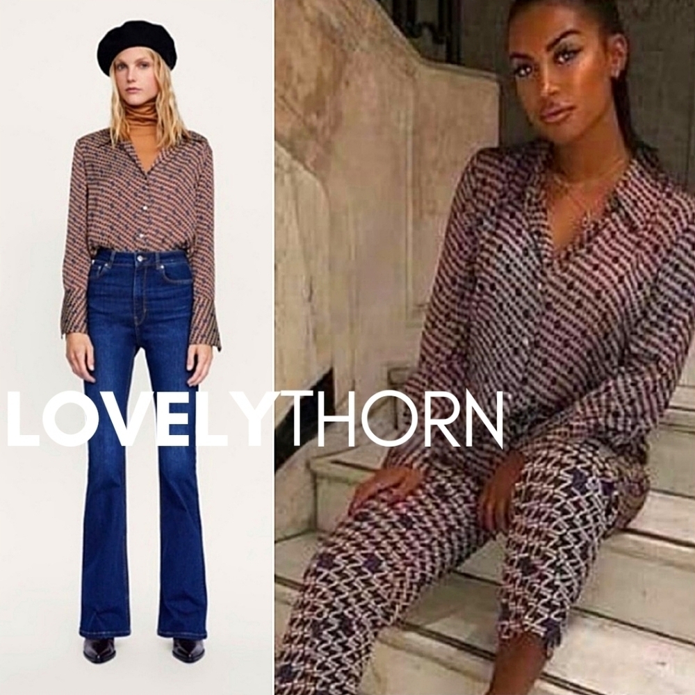 ZARA // ltd ed retro-chic z monogram logo silky button down blouse top